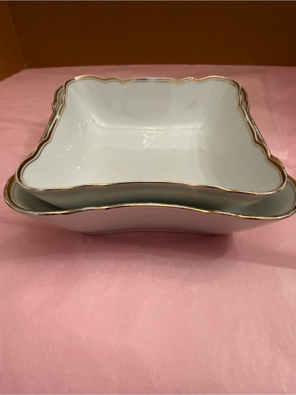 Vintage Eamag Alt Schonwald Bavaria Porcelain Gold Trim Square Serving Bowls Set